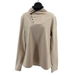 White Sierra Sweater Womens L Tan Fleece Snap Neck Buttons Pullover Long Sleeve